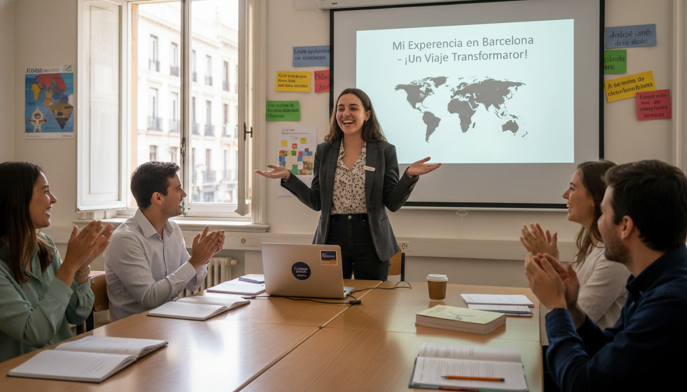 Photo Idea : A joyful photo of a student participating in a study abroad moment or classroom presentation in the target language — showing the payoff of advanced placement and higher‑level classroom engagement.