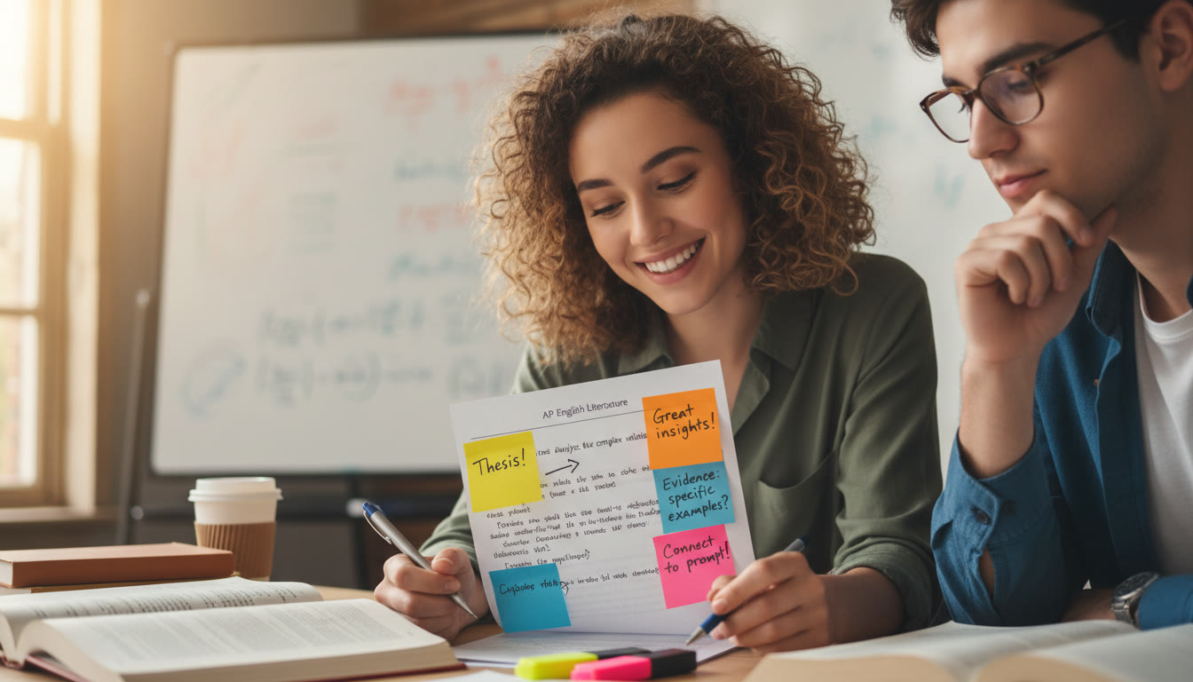 Photo Idea : A close-up of a tutor and student reviewing an AP-style free-response answer on paper, with sticky notes showing targeted feedback — warm atmosphere, collaborative energy.
