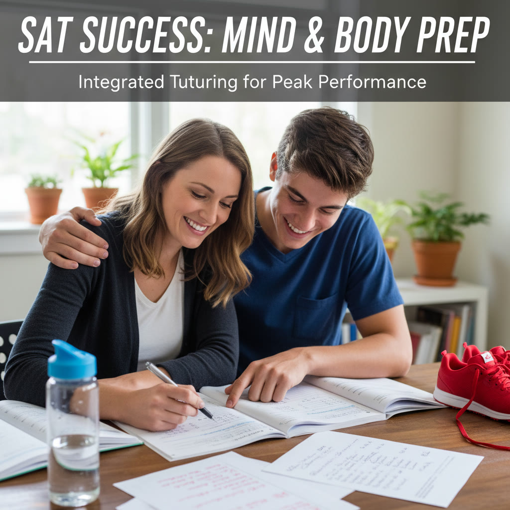 Photo idea: Close-up of a tutor and student reviewing practice test answers, with a water bottle and running shoes in the background to hint at integrated exercise and tutoring.