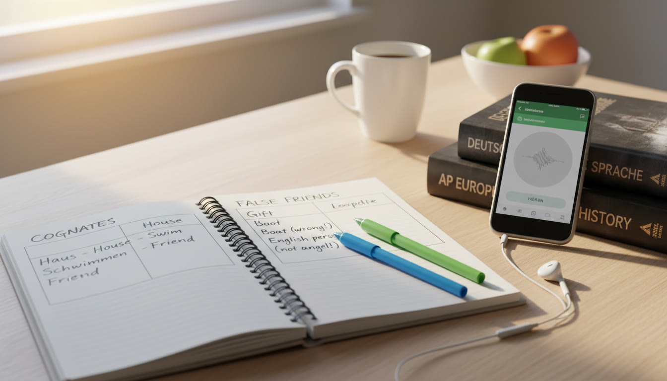Photo Idea : Open notebook with a small table of cognates vs false friends, a phone playing German audio, and colored pens showing an active study session; natural light to suggest morning routine.