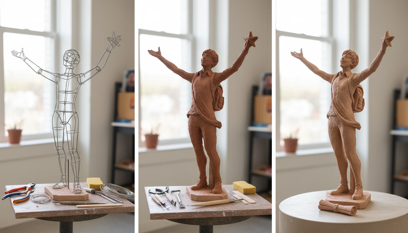 Photo Idea : A step-by-step triptych showing a clay sculpture’s armature, mid-build with tools around it, and the finished piece on a neutral pedestal — ideal for illustrating a process entry.