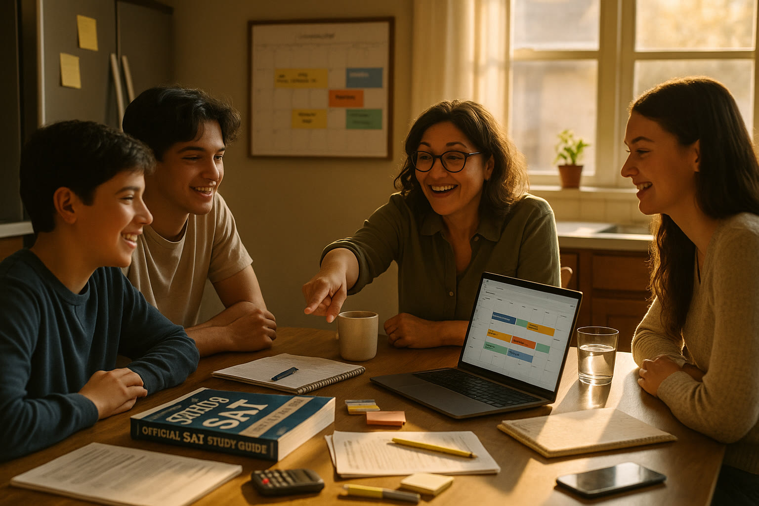 Photo Idea : A warm, candid shot of a family gathered around a kitchen table, one person pointing at a large wall calendar or a laptop screen displaying a shared calendar app, with SAT prep materials and a laptop visible.
