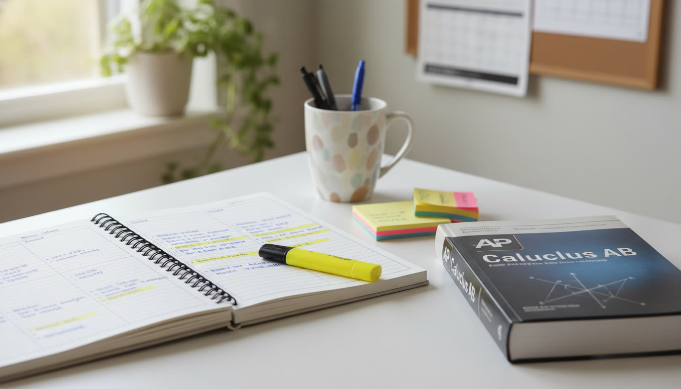 Photo Idea : A bright, organized desk with an open notebook showing a Cornell Notes layout; alongside are a highlighter, sticky notes, and an AP textbook. This image should evoke calm, focused study energy and appear near the start of the article to set the tone.