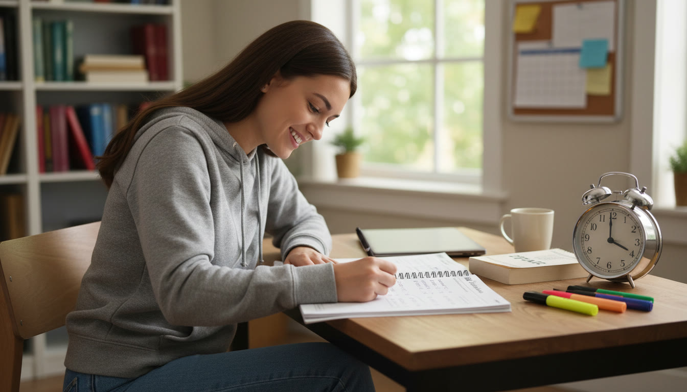 Photo Idea : A quiet study scene of a student doing a timed AP practice exam at a desk with a visible analog clock and annotated practice booklet — illustrates exam readiness and realistic study conditions.