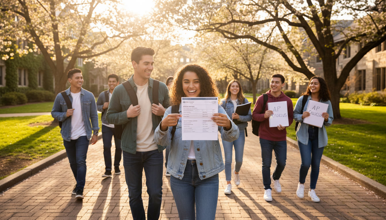 Photo Idea : A sunlit photo of a college campus pathway with students carrying backpacks, one student holding an AP exam score report or a notebook with 