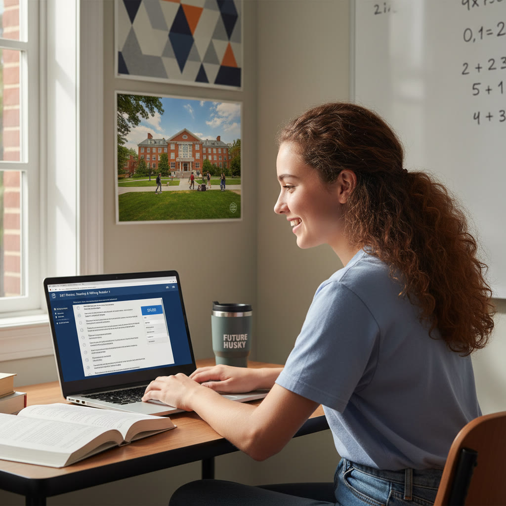 Photo Idea : A focused high-school student at a laptop practicing on a Digital SAT interface, campus postcard of Northeastern visible in the background.