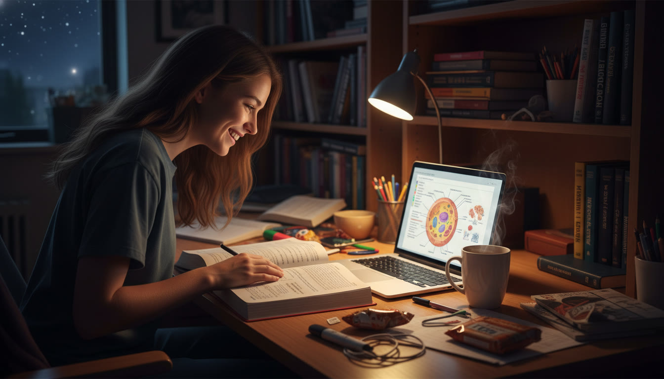 Photo Idea : A wide shot of a focused student at a cluttered desk with biology notes, a laptop showing a schematic of the human cell, and a cup of coffee — conveys late-night study energy and scientific curiosity.