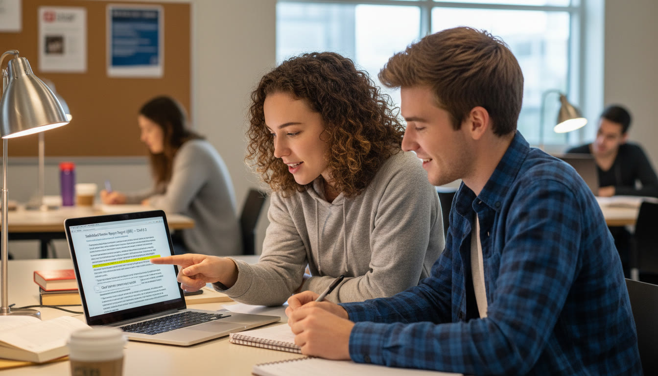 Photo Idea : Two students discussing a draft on a laptop, one pointing at highlighted text while the other takes notes — illustrating peer review and collaborative polishing of an IRR.
