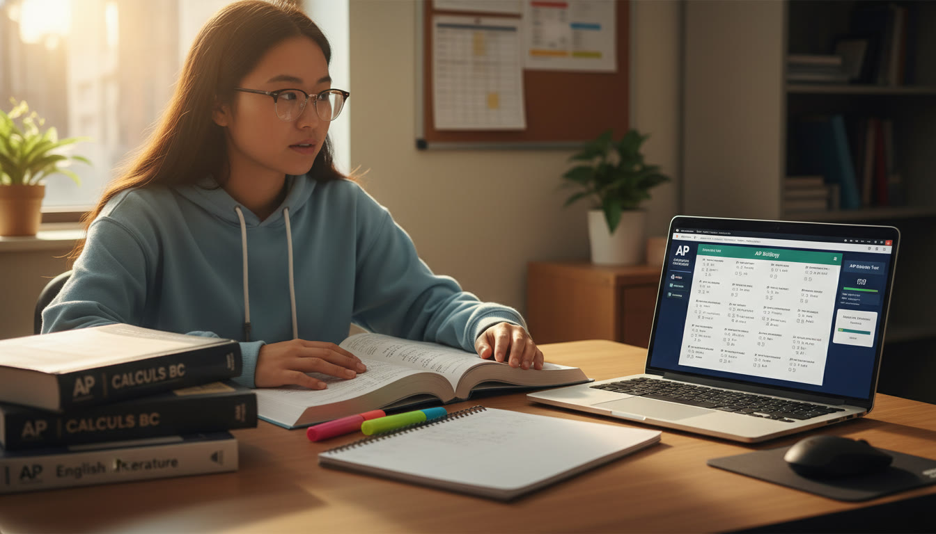 Photo Idea : A student at a desk with AP textbooks and a laptop open to a digital practice test, highlighting the contrast between paper-based subject study and digital test-taking. Natural light, warm tones, showing focus and determination.