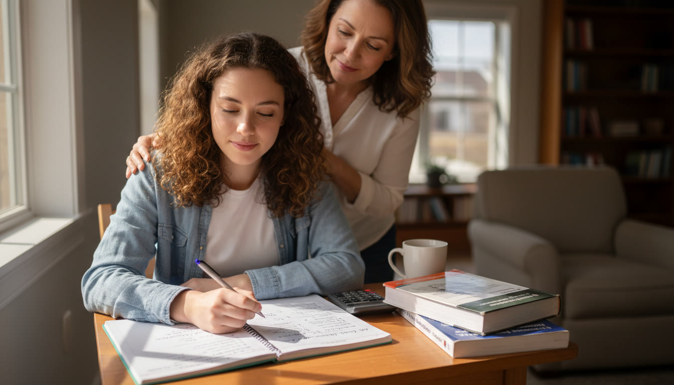 Photo Idea : A warm, candid photo of a student studying at a small desk near a window with study materials, a notebook open to AP practice questions and a parent nearby offering a supportive smile — captures the partnership between family and student.
