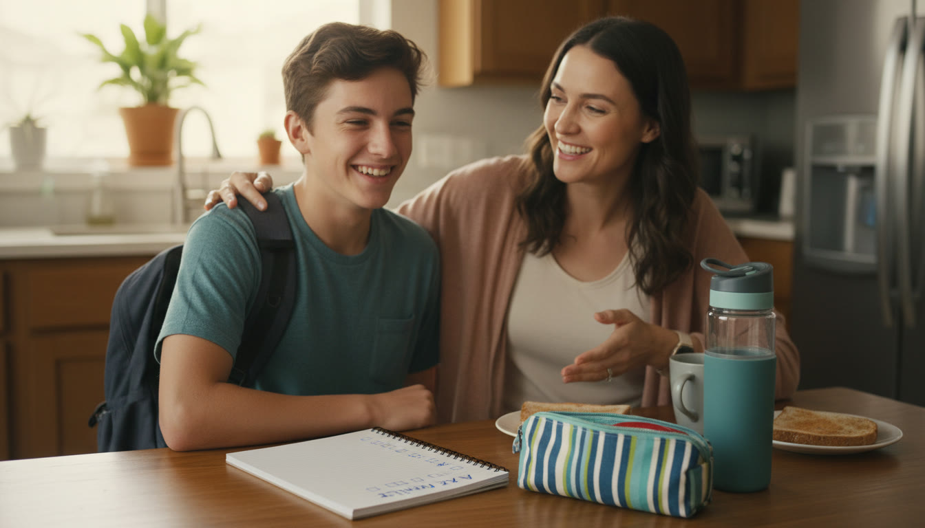 Photo Idea : A softly lit kitchen table with an open checklist, a neatly packed pencil case, a reusable water bottle, and a parent and teen discussing plans — warm, candid moment.