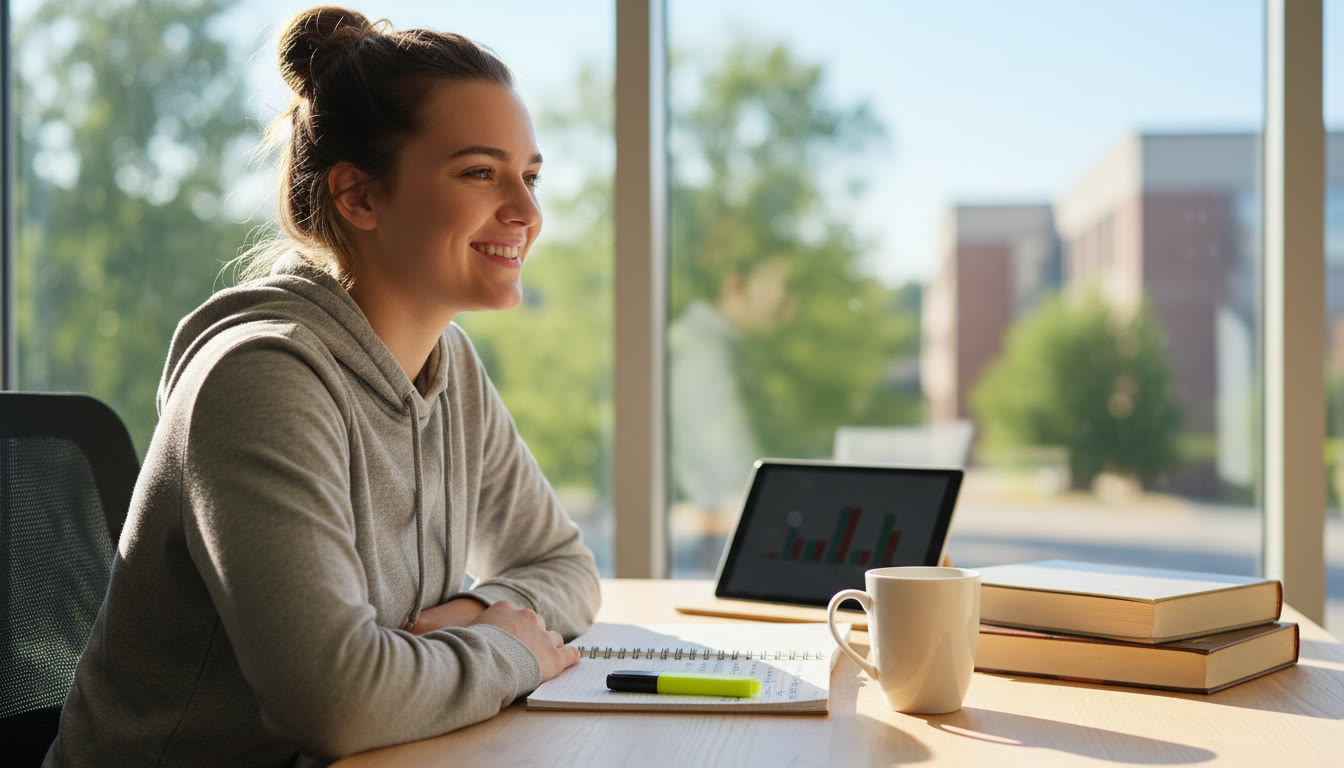 Photo Idea : A student sitting at a tidy desk by a window, notebook open, sunlight on a cup of coffee — calm focus, mid-study. This image should appear near the top of the article to visually anchor the theme of serene productivity.