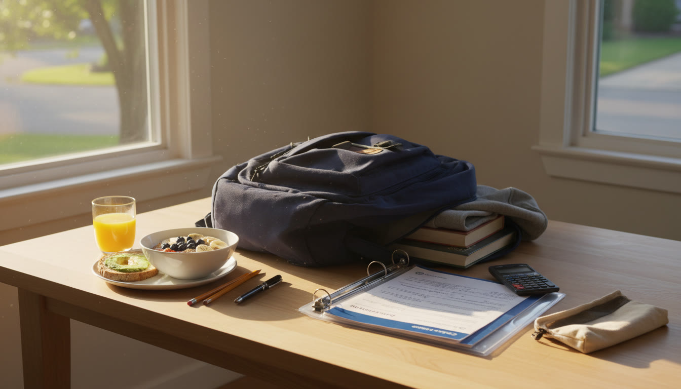 Photo Idea : A calm morning scene—backpack open on a kitchen table next to a healthy breakfast and neatly packed exam materials, sunlight streaming in to suggest a peaceful start.