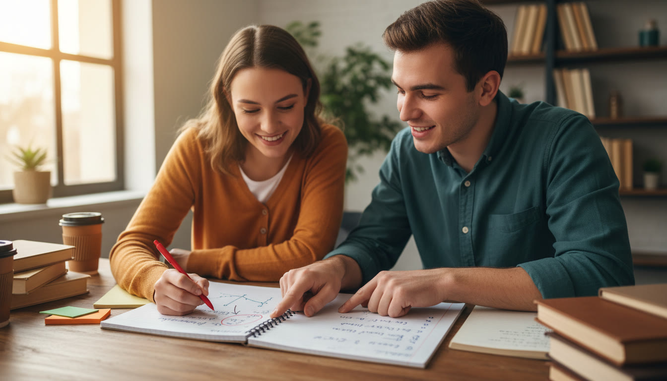 Photo Idea : A tutor and student reviewing a hand-written free-response booklet with graphs, a red pen highlighting data and causal steps — warm, collaborative scene showing 1-on-1 guidance and coaching.