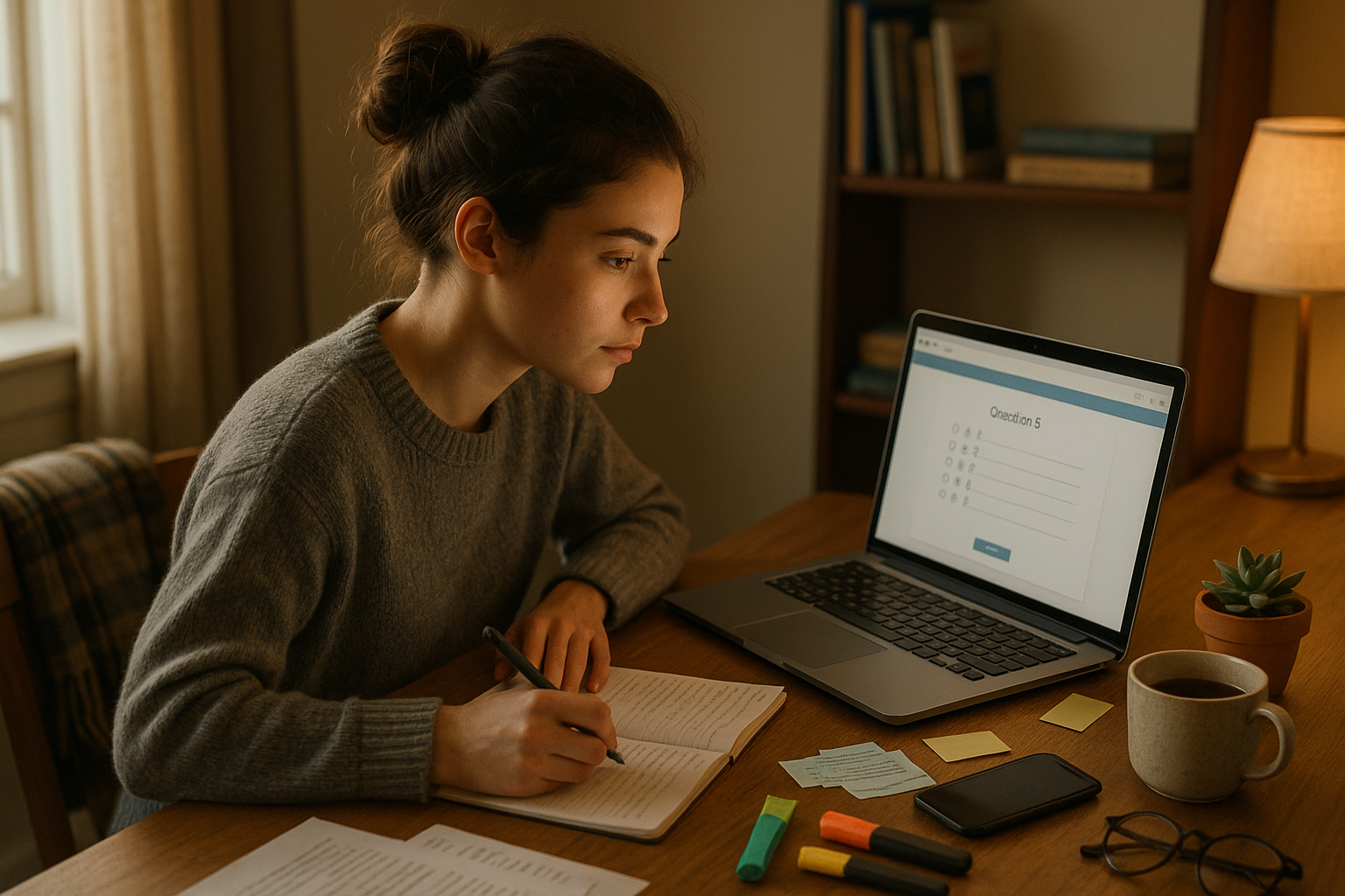 Photo Idea : A focused student at a laptop taking a digital practice SAT in a cozy study corner with study notes and a cup of tea nearby.