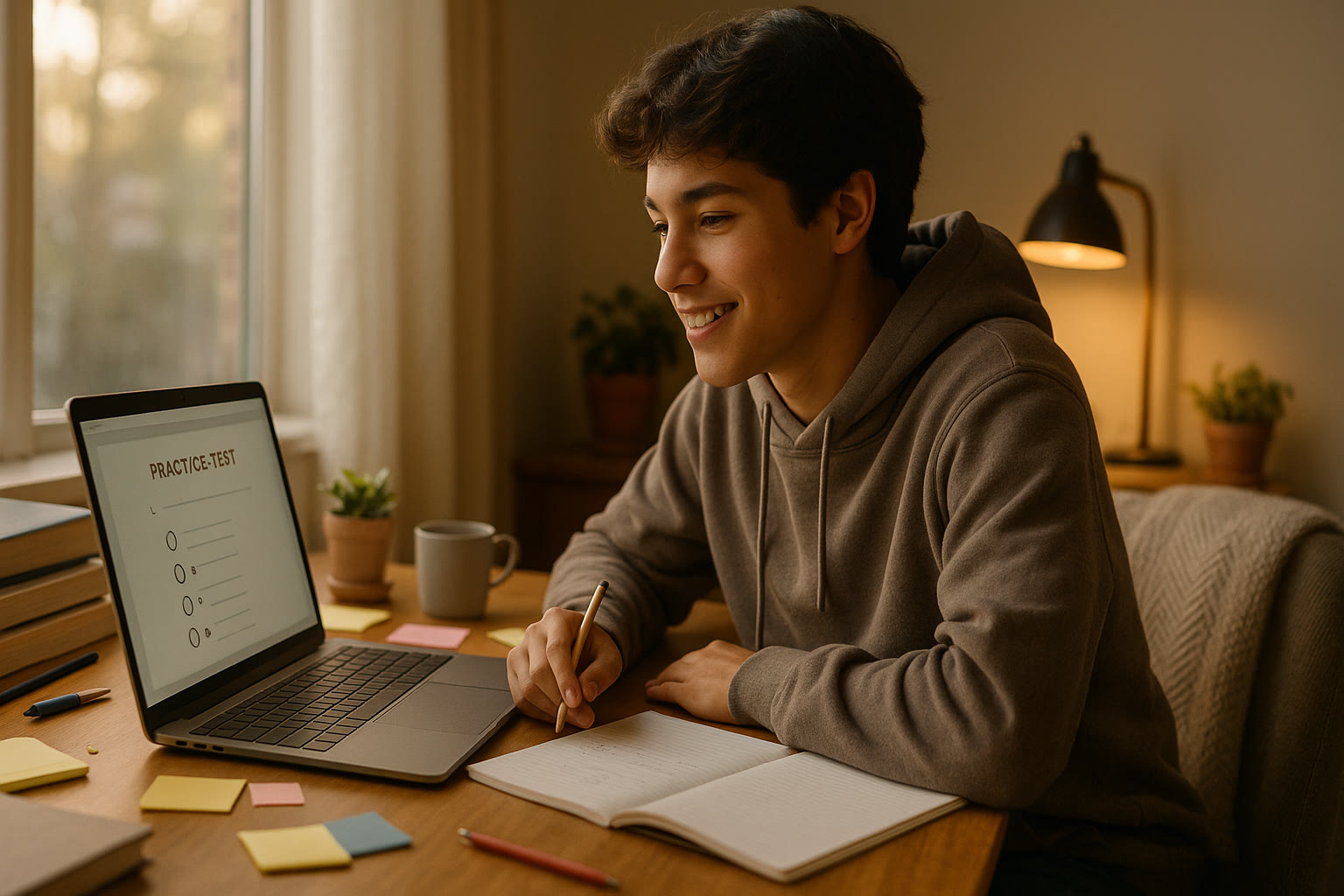 Photo Idea : A hopeful photo of a teen in a cozy study corner surrounded by books and a laptop, mid-smile while taking a mock digital practice test—evoking focus and optimism.