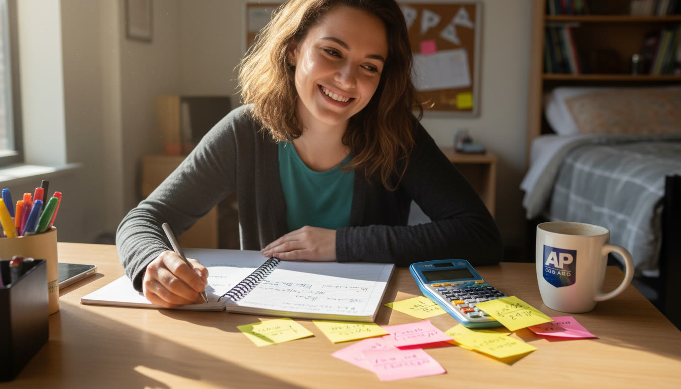 Photo Idea : A bright, candid photo of a student at a desk with an open notebook, graphing calculator to the side, and loose Post-it notes showing equations — evokes focused, friendly study energy.