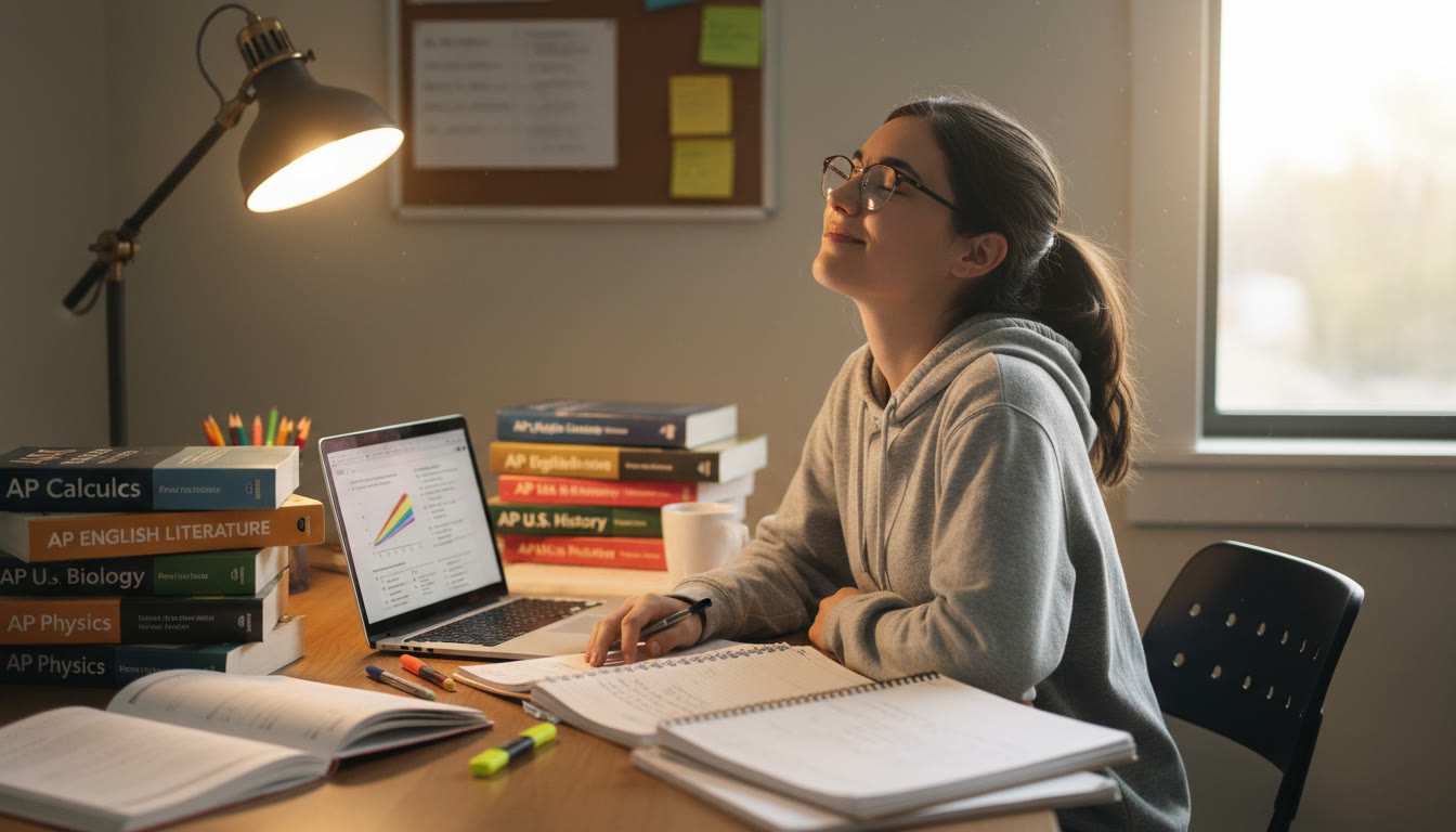 Photo Idea : A focused study scene with a student at a desk surrounded by AP prep books and a laptop; the student wears glasses and blinks deliberately, showing a short break moment. Warm lighting, natural posture, and notebooks visible to create a realistic, motivating study moment.