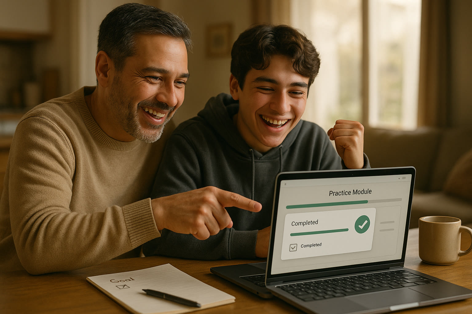 Photo Idea : A parent and teen reviewing a practice module on a laptop together, smiling over a quick victory — a completed page and a checked-off goal.