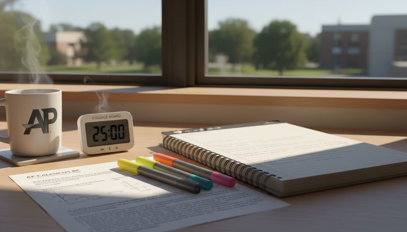 Photo Idea : A sunlit desk by a window with a notebook open, highlighters neatly arranged, a timer, and a printed AP practice question—conveying calm focus and intention.