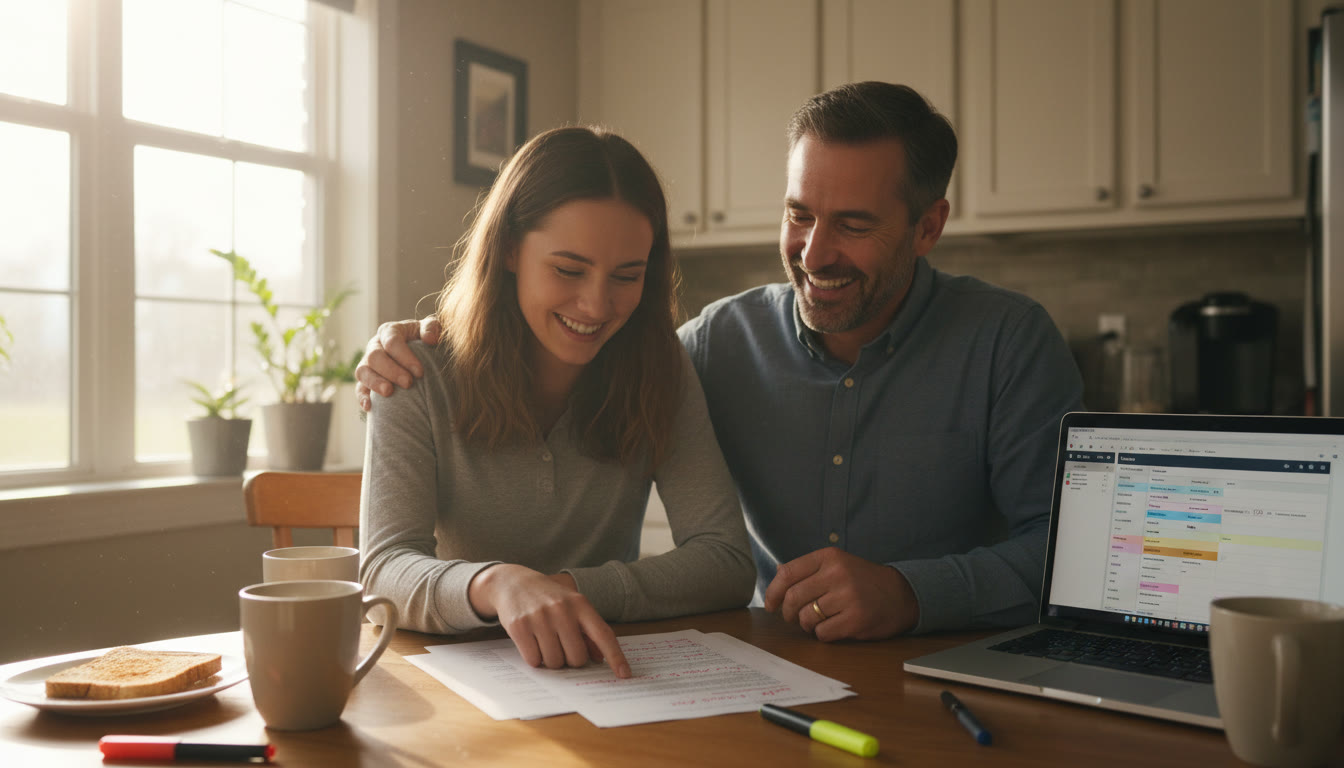 Photo Idea : A student and parent sitting at a kitchen table reviewing a graded AP practice essay together, teacher’s handwritten comments visible, with a laptop open to a rubric. Warm morning light, collaborative atmosphere.