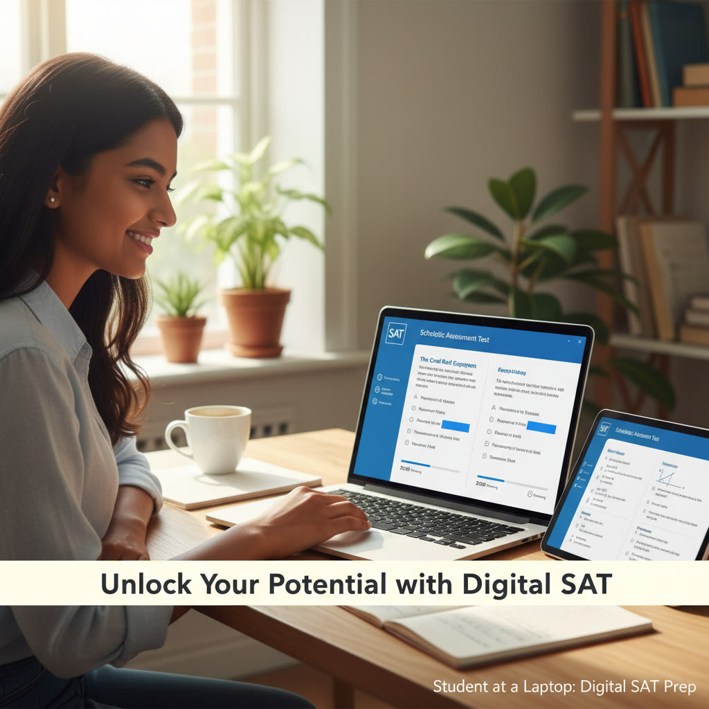 Student at a laptop with a calm expression: image suggesting the Digital SAT’s testing interface on a tablet, showing a passage and multiple choice answers.