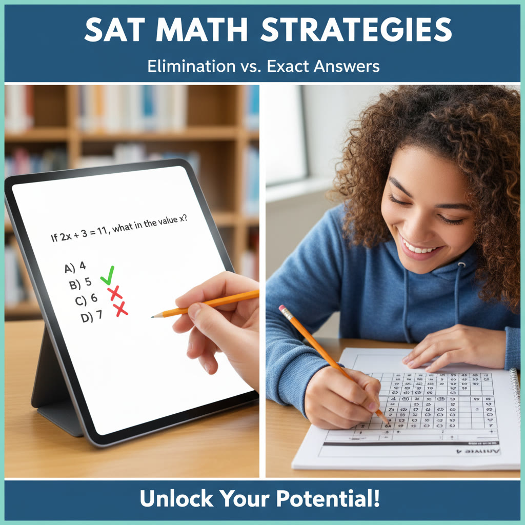 Suggested image: A split-screen graphic showing a multiple-choice math problem on the left and a student filling out a numeric grid on the right, highlighting the contrast between elimination and exact-answer thinking.