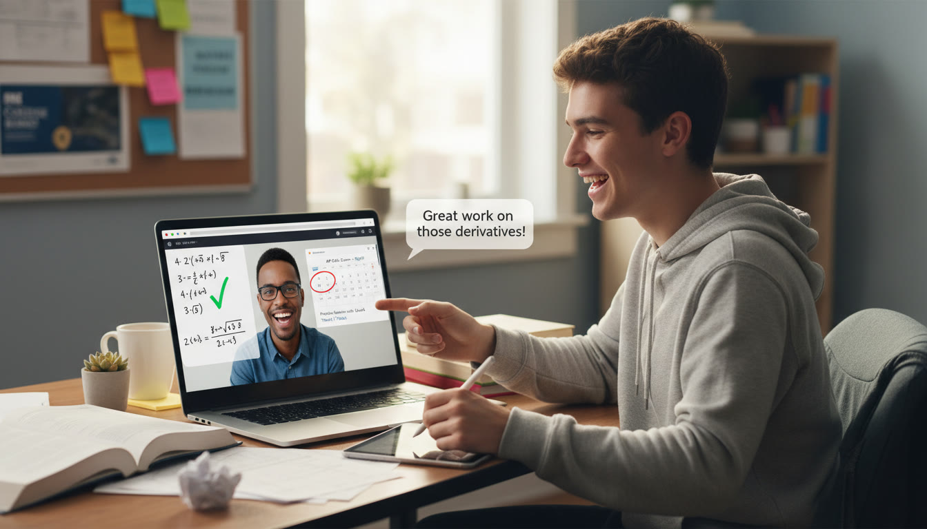 Photo Idea : A student receiving friendly feedback from a tutor over a laptop, both smiling, with visible notes and a calendar on screen — suggests personalized tutoring and progress.