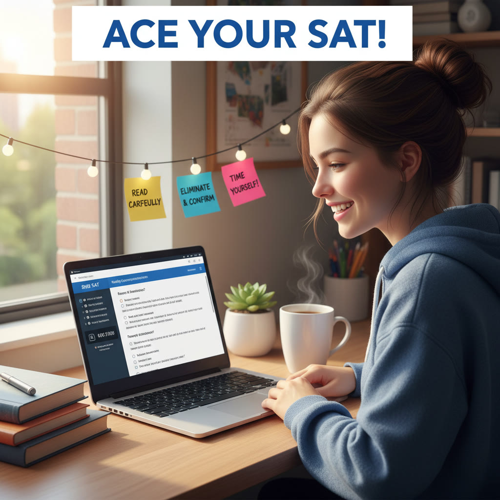 Photo Idea : A bright dorm-room-style desk with a student practicing on a laptop showing the digital SAT interface; sticky notes with strategy reminders nearby, evoking focused, modern test prep.