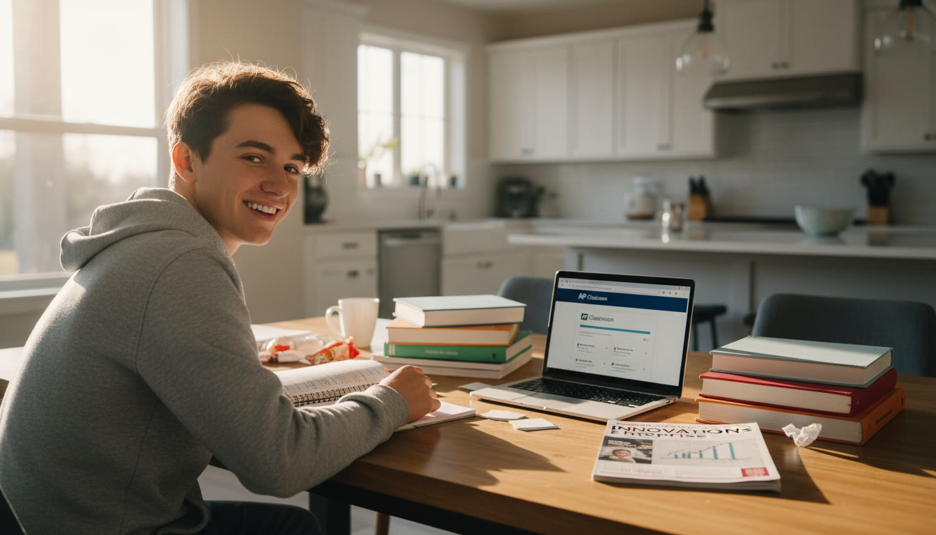 Photo Idea : A candid study session of a high school student reviewing AP notes at a kitchen table, with a laptop open to AP Classroom resources and a business-related magazine beside them—warm natural light, relaxed focus.