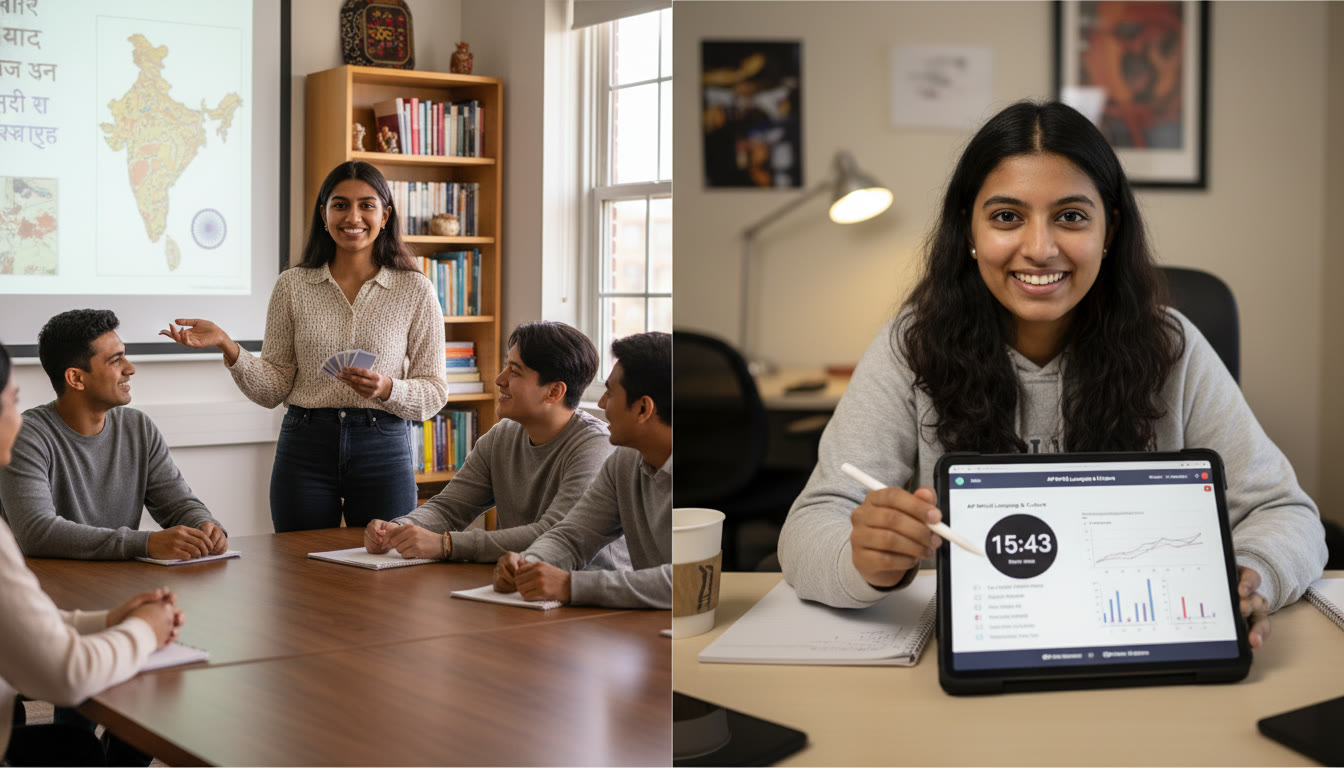 Photo Idea : A split-image idea   left side: a student presenting in a heritage language class; right side: the same student taking a timed digital practice test on a tablet. This shows the dual focus of cultural depth and exam strategy.