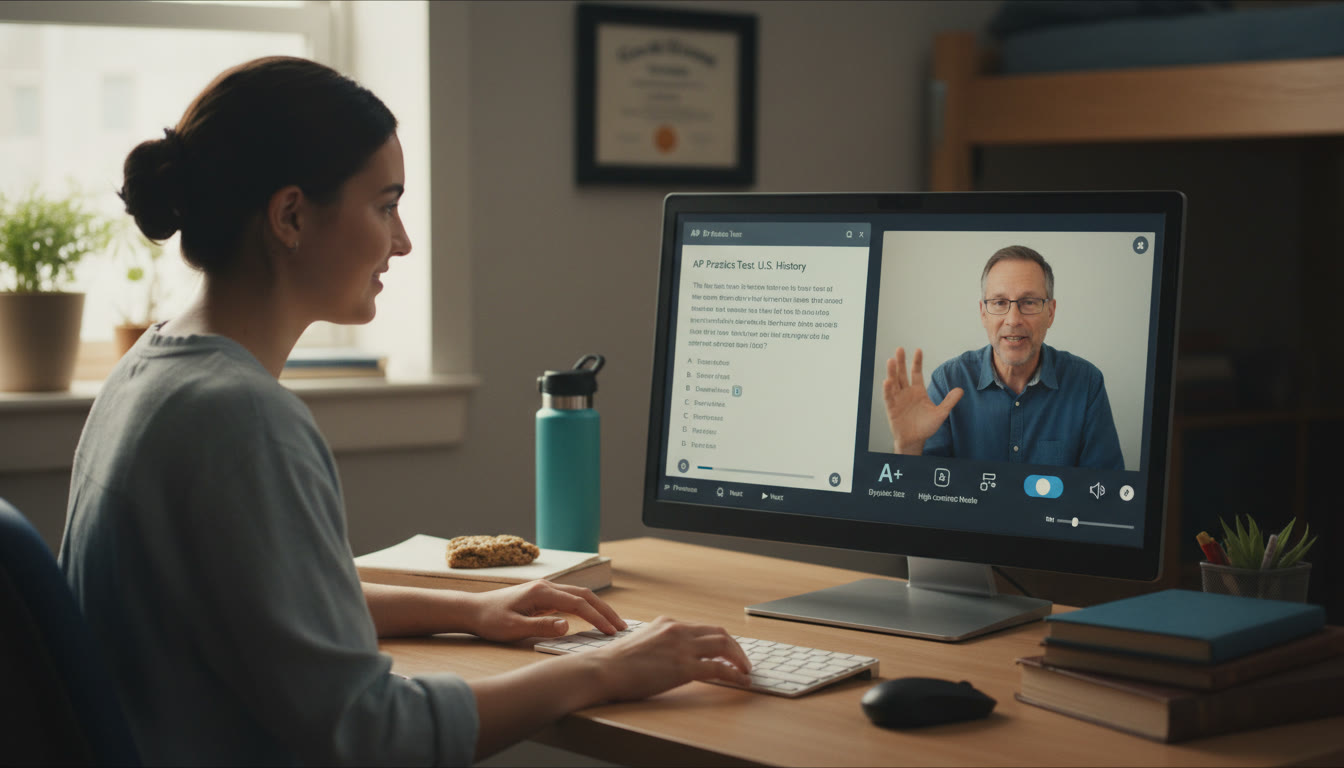 Photo Idea : A mid-article image of a student taking a digital practice test with a tutor visible on a split screen. Emphasize screen accessibility controls and a relaxed, focused atmosphere.