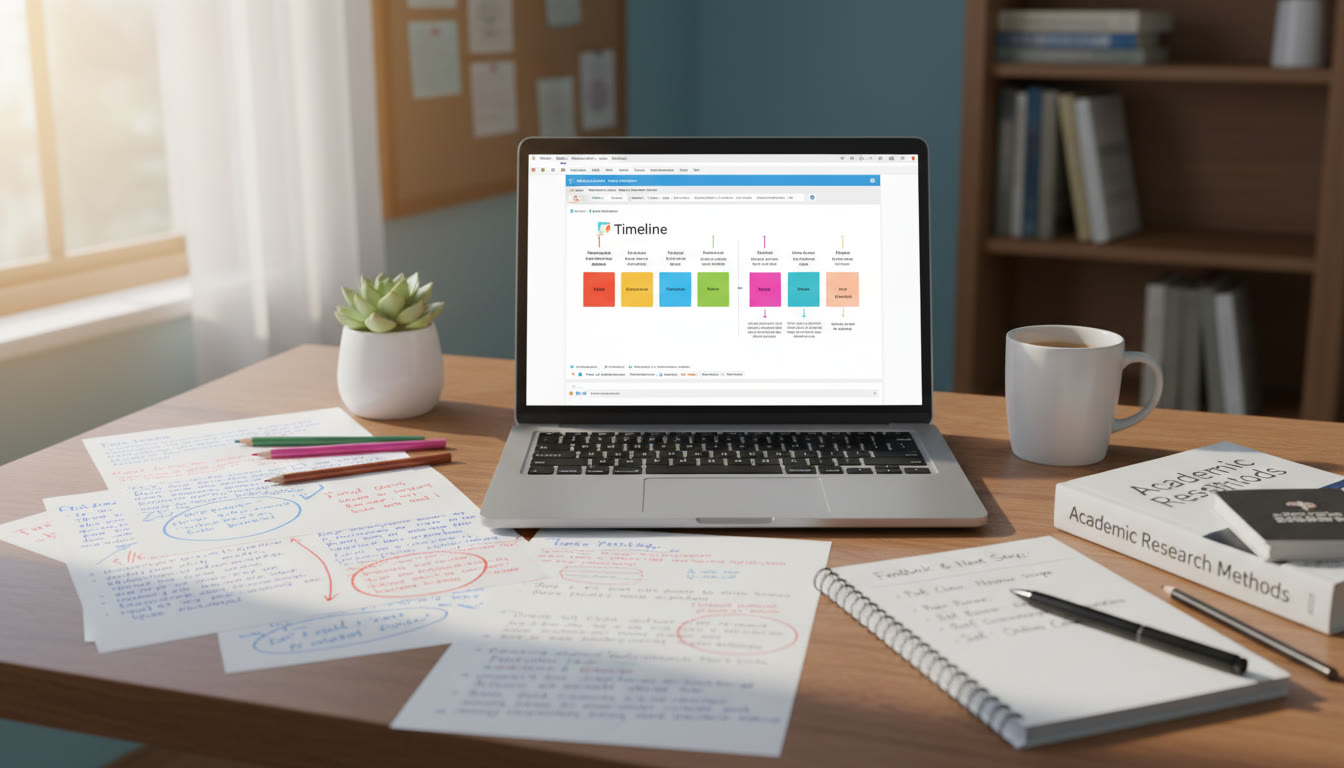 Photo Idea : A focused desk scene showing annotated drafts, a laptop with a timeline document open, and a notepad listing feedback and next steps — ideal for AP Capstone students documenting research iteration.