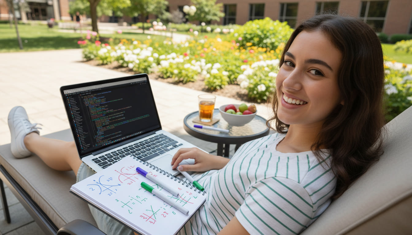 Photo Idea : A high-angle shot of a student working on a laptop with a notebook and marker sketches of graphs—shows focused, creative summer work combining coding and math.