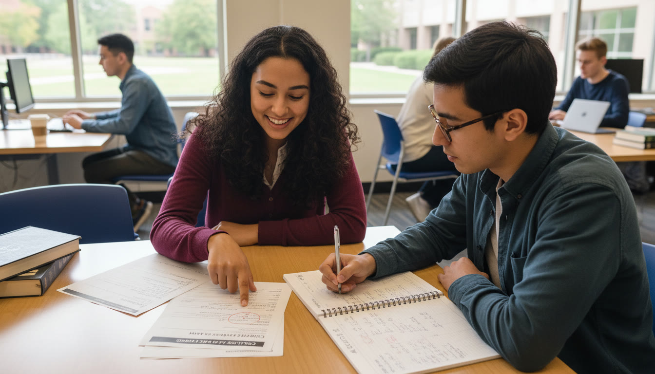 Photo Idea : Two students at a table reviewing a scored practice exam together, one pointing to an error while the other writes notes—conveys collaboration, reflection, and tutoring support.
