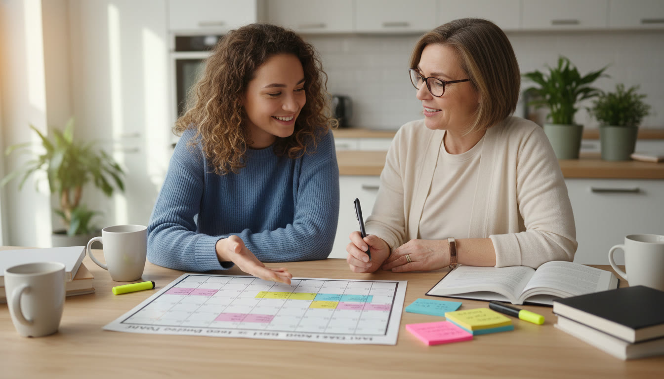 Photo Idea : A candid shot of a student and parent at a kitchen table planning the upcoming term using a colorful calendar and sticky notes, showing collaboration and calm preparation.