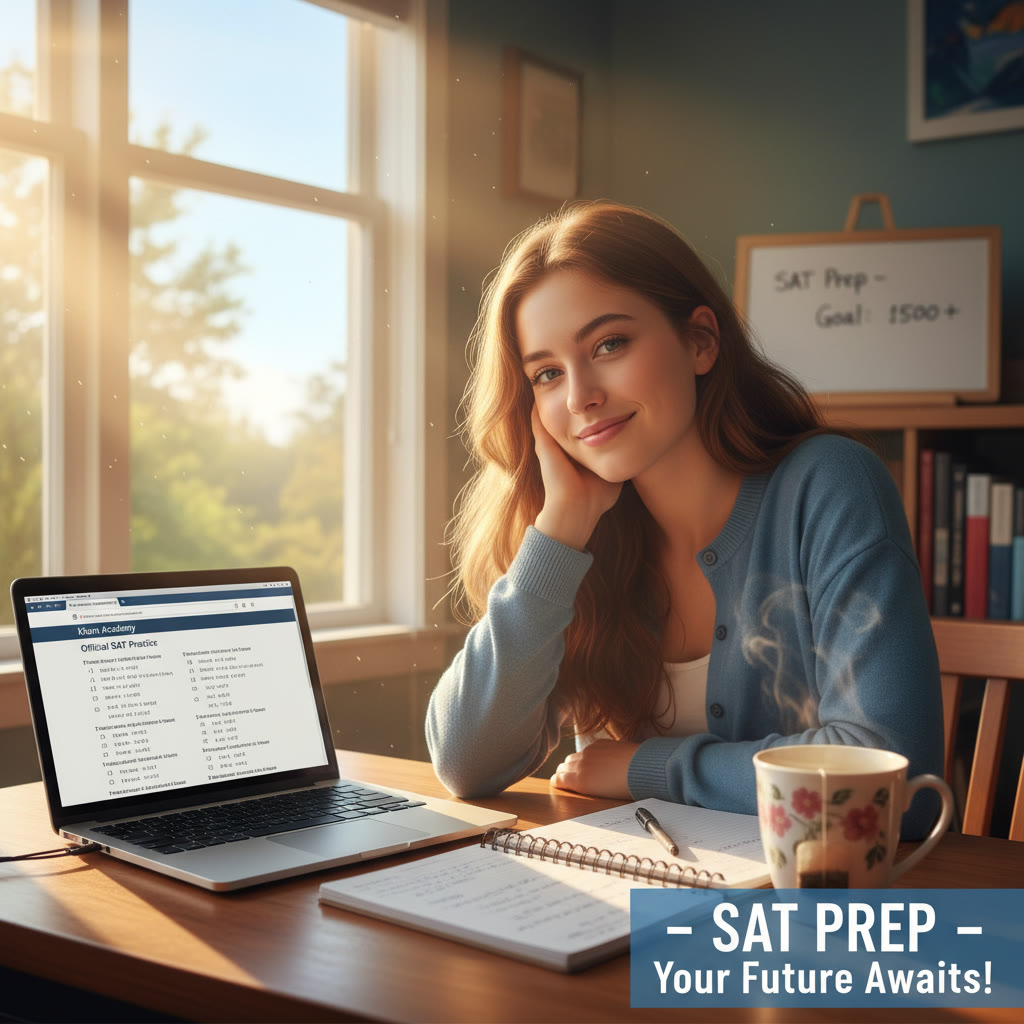 Photo Idea : A calm study scene — a student at a desk with a laptop open to SAT practice problems, a notebook, and a mug of tea; morning light coming through a window to create a hopeful mood.