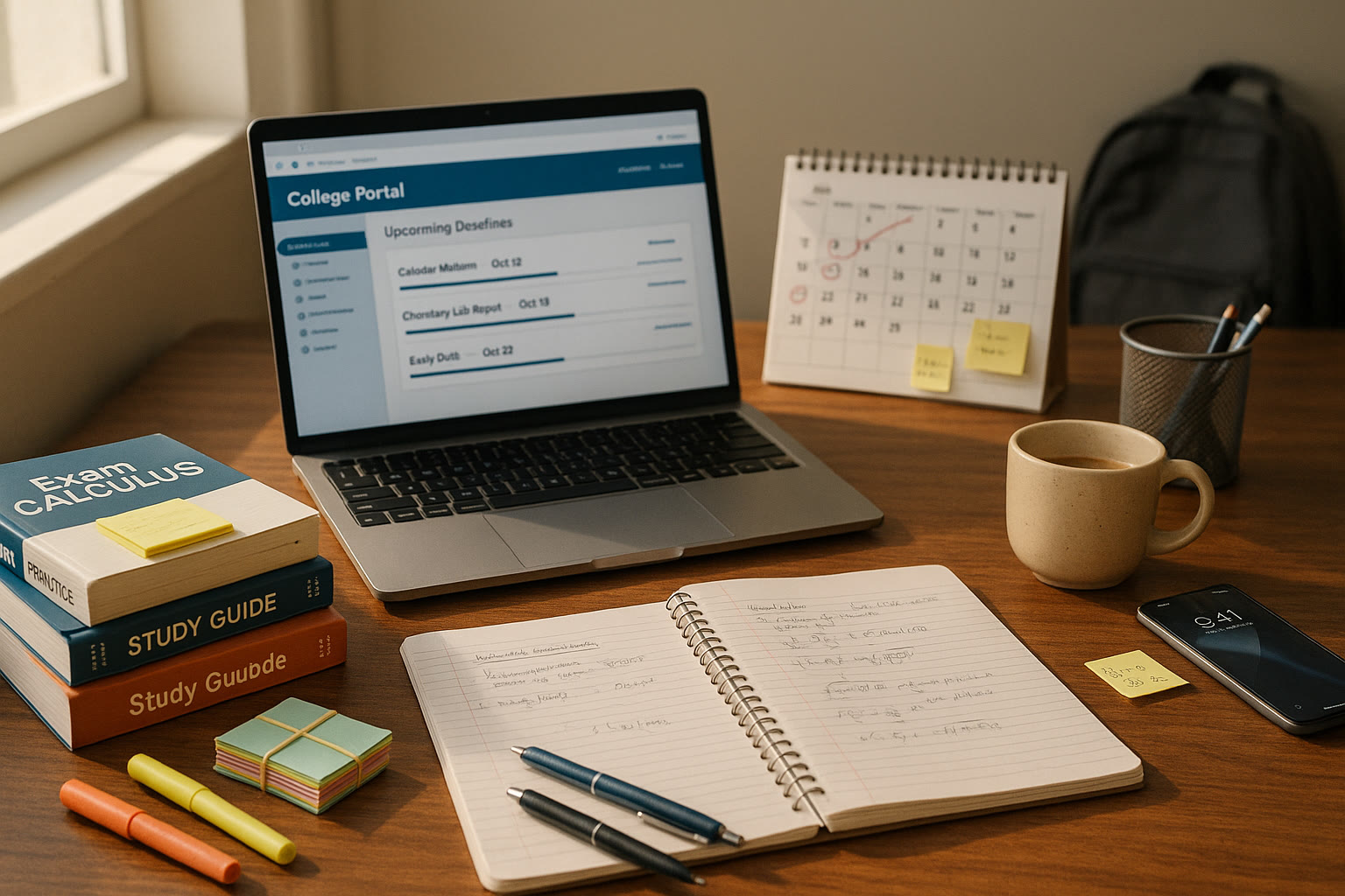 Photo Idea : A student-focused desk scene with test prep materials, an open laptop showing a college portal, and a calendar with deadlines circled.
