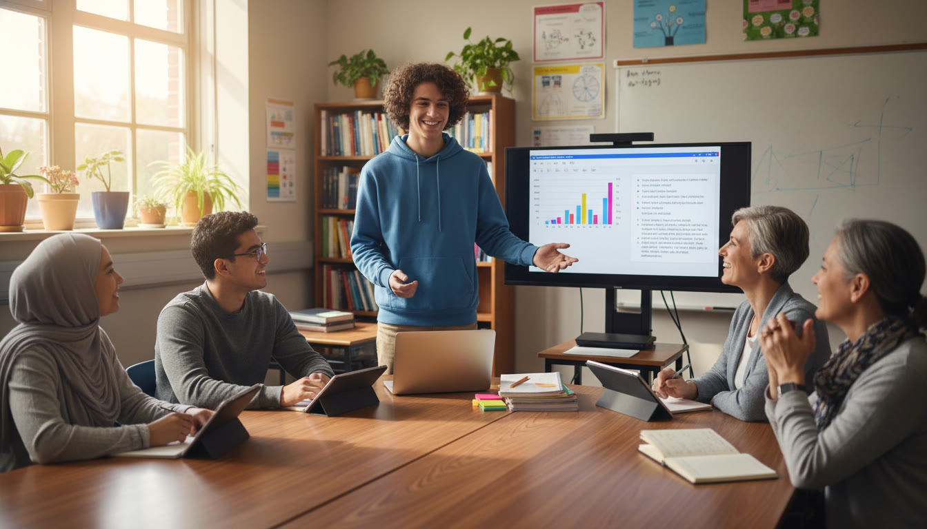 Photo Idea : A bright, candid photo of a student presenting to a small panel of peers and a teacher, with a laptop and notes visible—captures the energy of a real mock session.