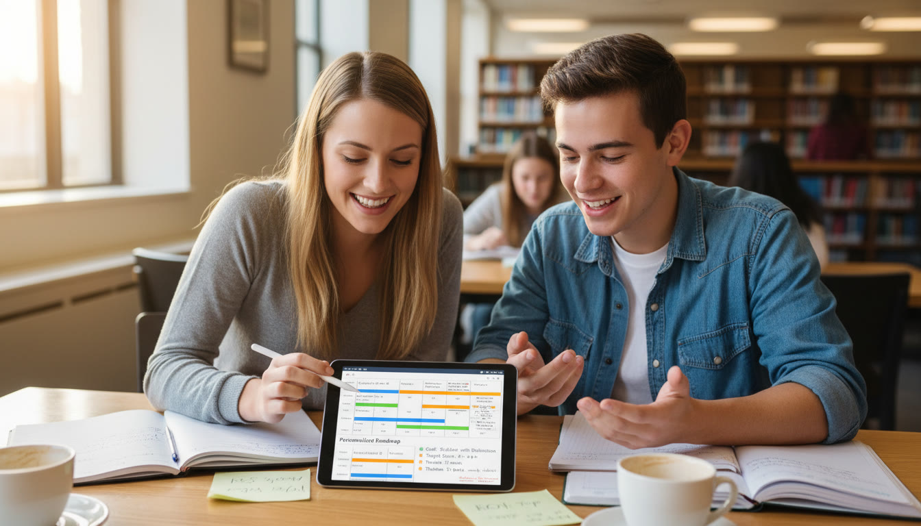 Photo Idea : A warm image of a tutor and student working over a tablet with a study plan visible illustrates personalized 1-on-1 tutoring and a tailored roadmap from which ROI can grow.