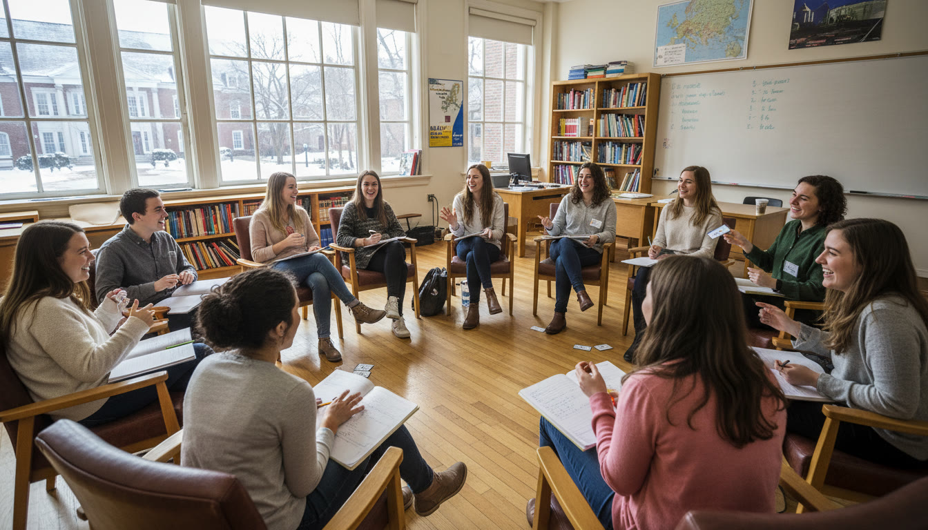 Photo Idea : A lively Middlebury classroom where students are in a circle practicing conversational phrases in a foreign language, notebooks open, expressions animated — captures the energy of active language learning.