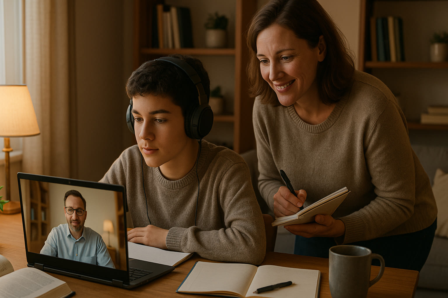 Photo Idea : A student in a cozy study nook, wearing headphones, working with an online tutor on a laptop; beside them, a parent looks on supportively with a notepad.