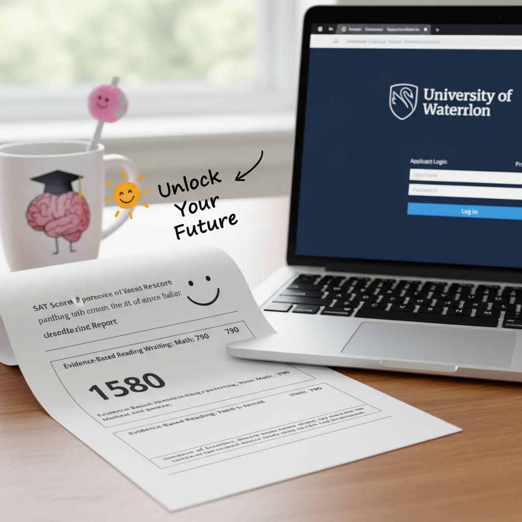 Photo Idea : A close-up shot of a score report printout next to a laptop showing the University of Waterloo application portal, suggesting the connection between test results and applications.