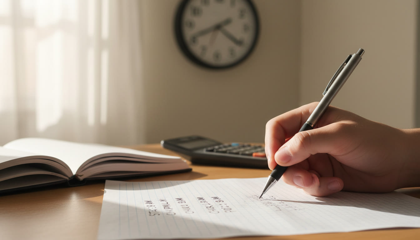 Photo Idea : A close-up of a student’s scratch paper with start and checkpoint times written clearly, a mechanical pencil, and a wall clock in soft focus in the background—evokes preparation and quiet concentration.