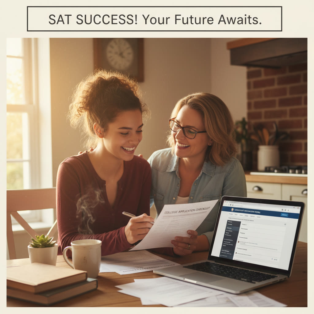 Photo Idea : A candid photo of a student and parent reviewing a college application checklist at the kitchen table with warm lighting; papers, a laptop with a college portal open, and a mug of tea beside them.