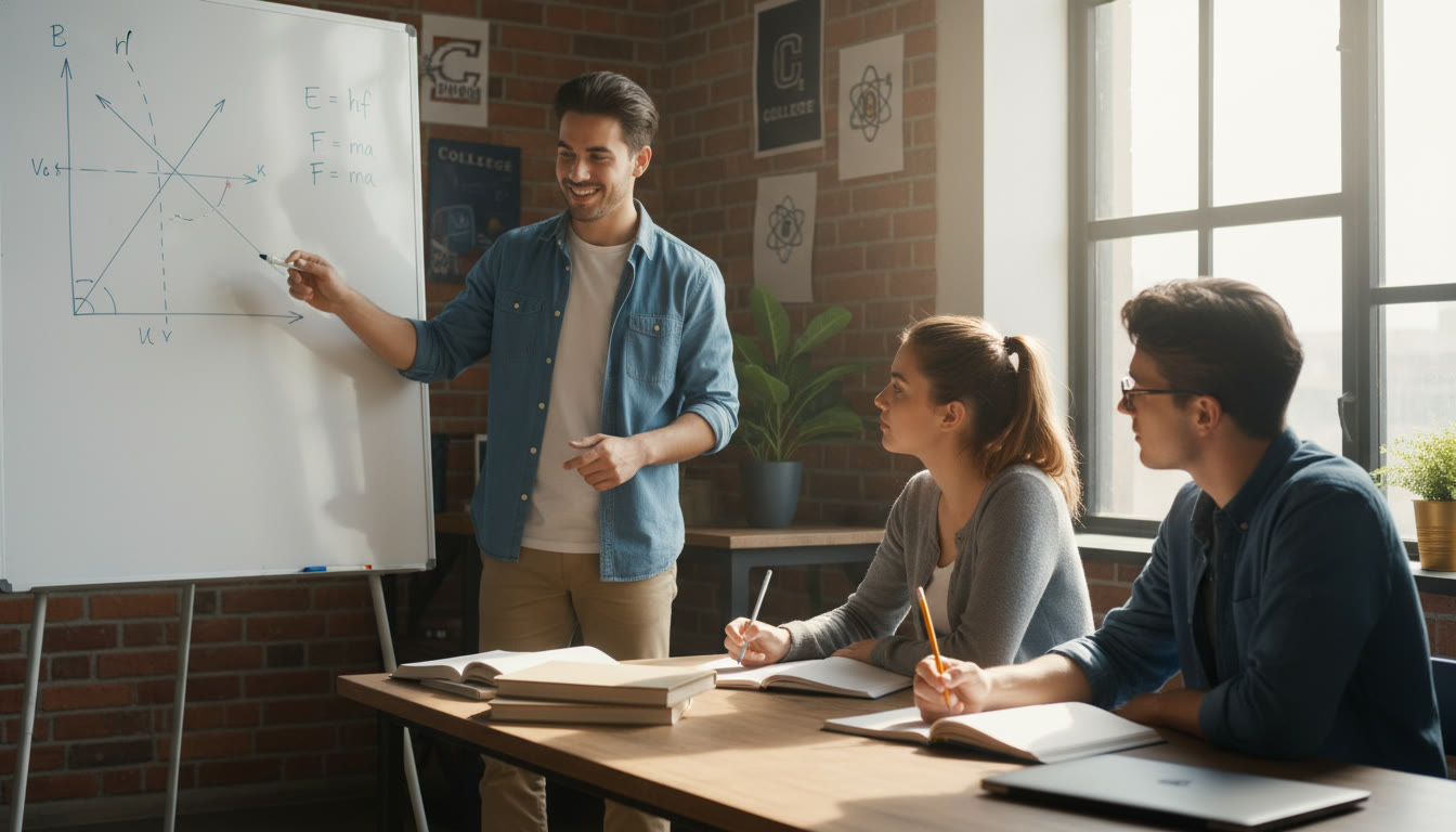 Photo Idea : A small group tutoring session with a tutor pointing at a whiteboard showing a physics diagram and equations, with two students engaged—visualizes collaborative, guided learning that complements independent study.