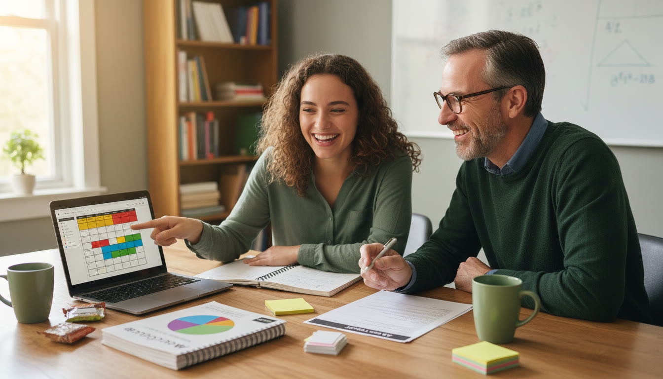 Photo Idea : A student and a tutor discussing a study plan over a table with notes and a laptop open. Show a warm, collaborative atmosphere that conveys personalized guidance and calm accountability.