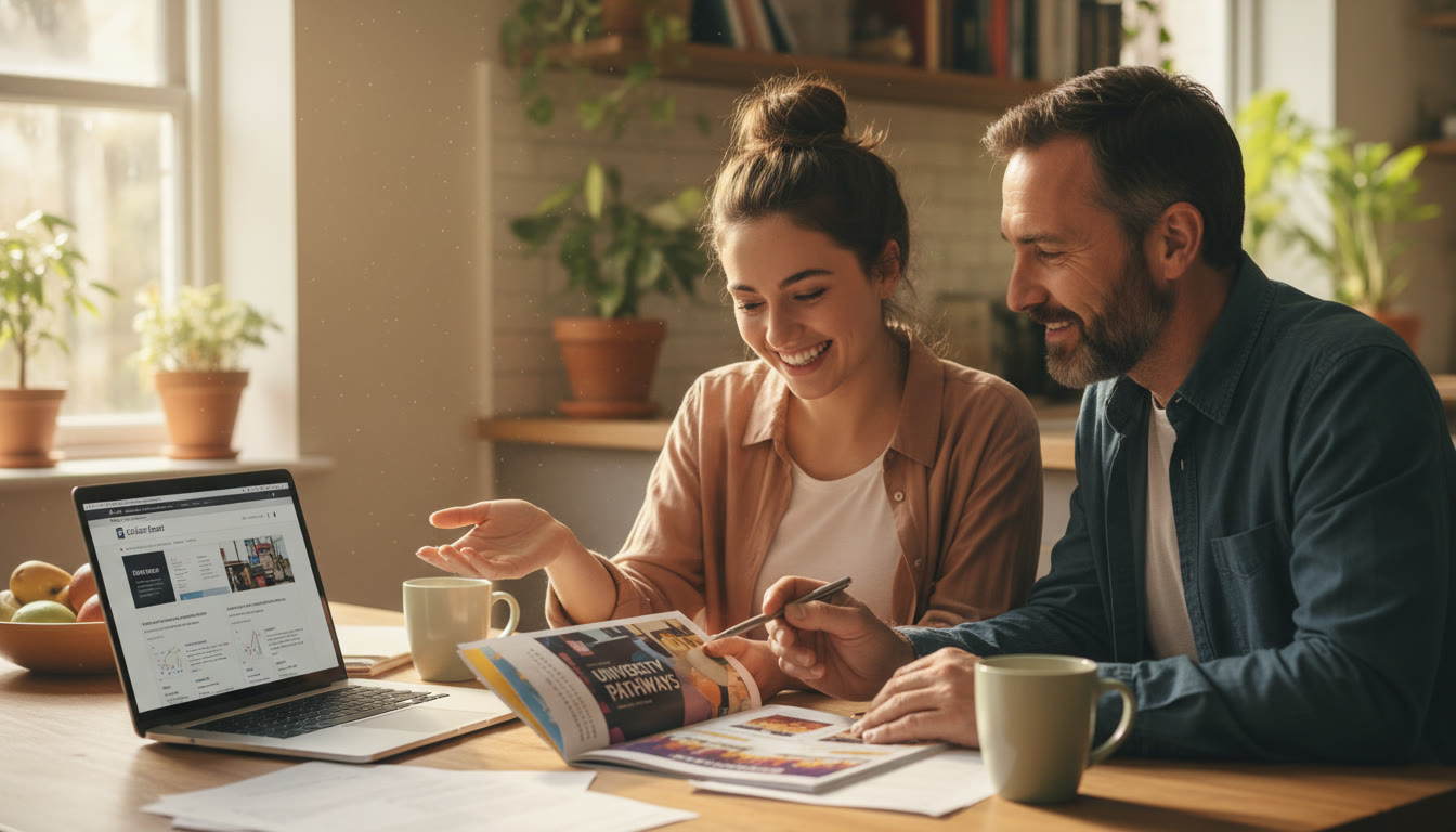 Photo Idea : A bright, candid photo of a student and parent reviewing a college brochure and a laptop together at a kitchen table — natural light, warm tones, expressions of curiosity and planning.