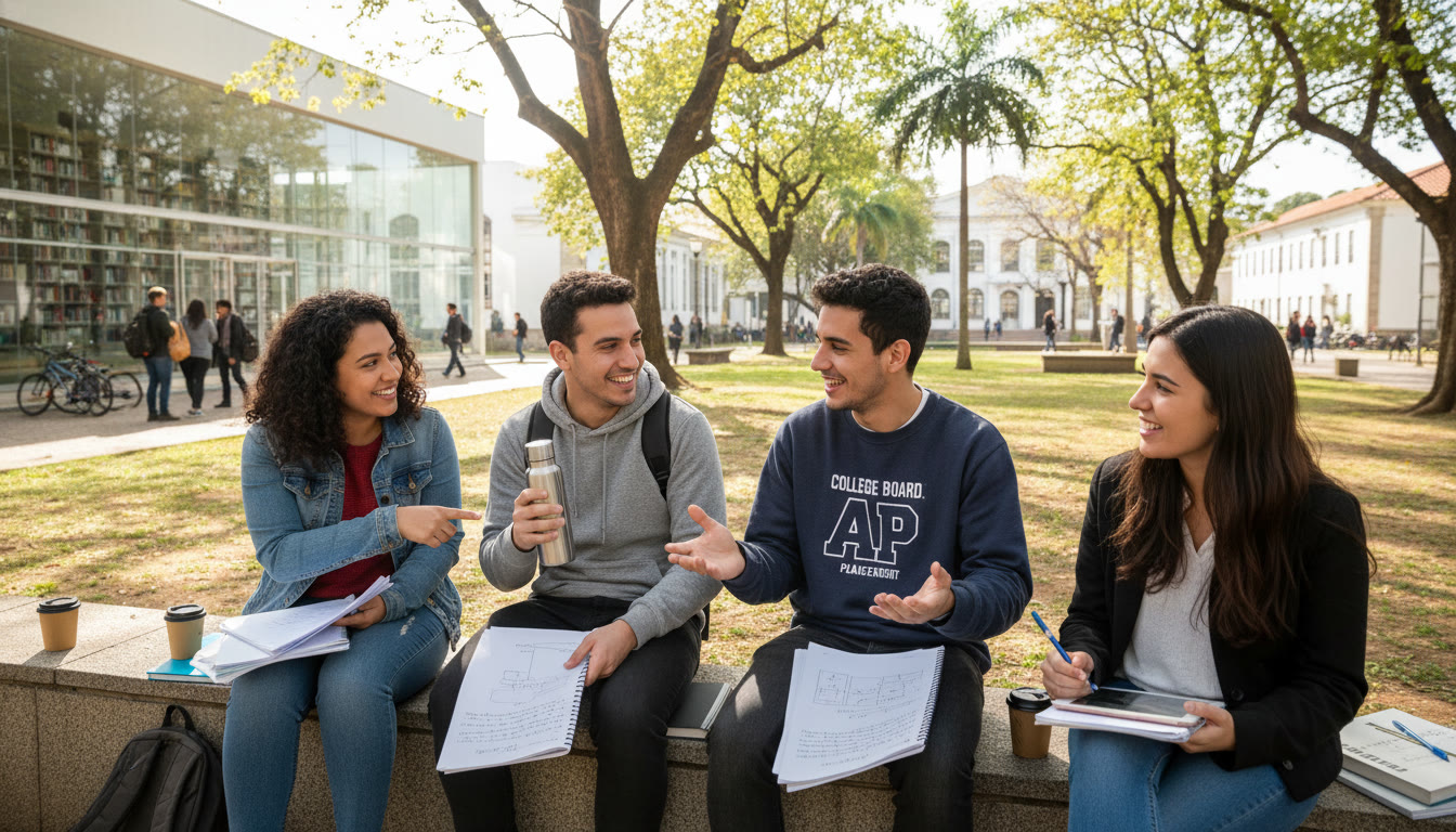 Photo Idea : A small group of international students on UNICAMP’s campus (or a university campus setting) discussing notes — evokes community, aspiration, and campus life.