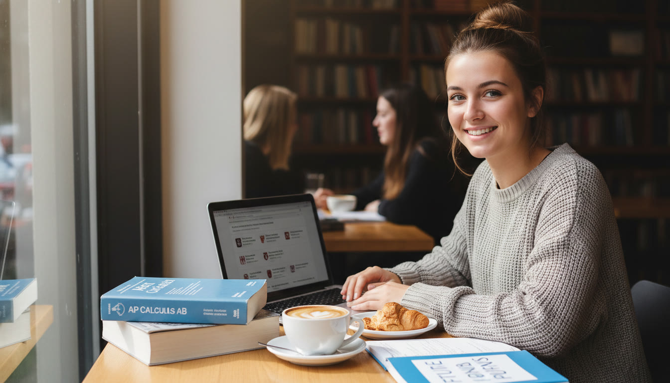 Photo Idea : A bright, candid photo of a high school student studying at a café with AP textbooks open and a laptop showing university websites — conveys ambition, planning, and a calm, focused vibe.